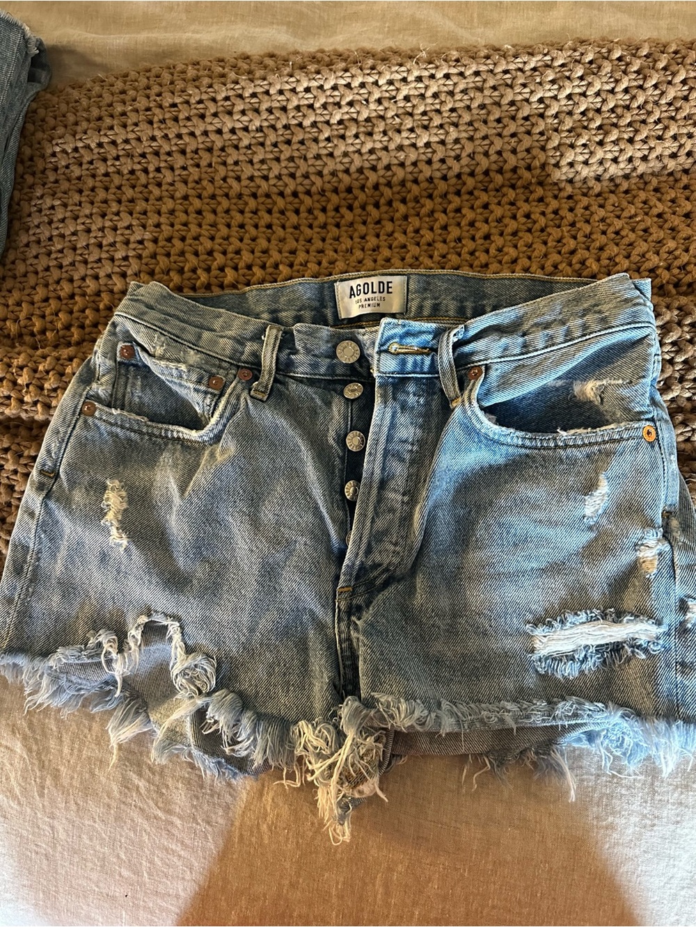 AGOLDE parker Women's Distressed Light Blue Denim Shorts